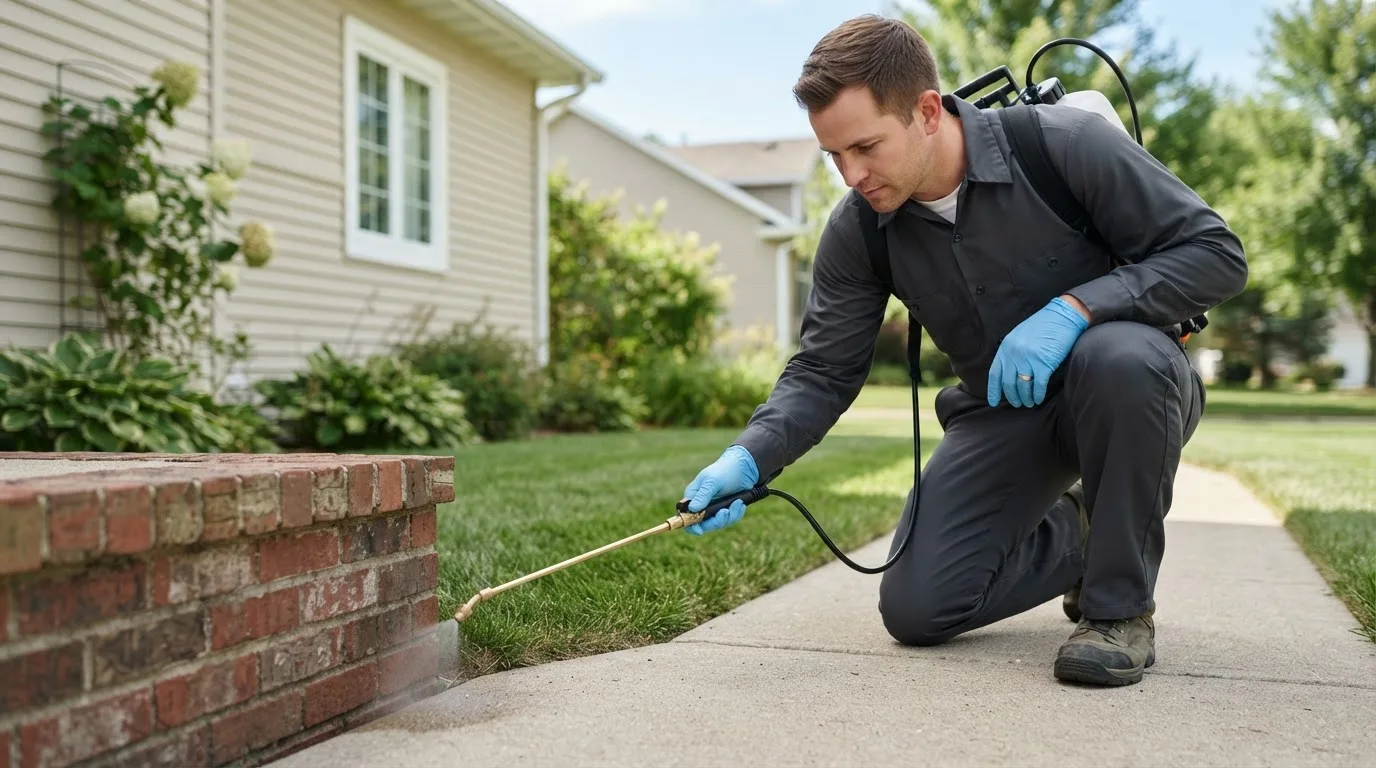Pest control technician treating a home near Dudley, MO