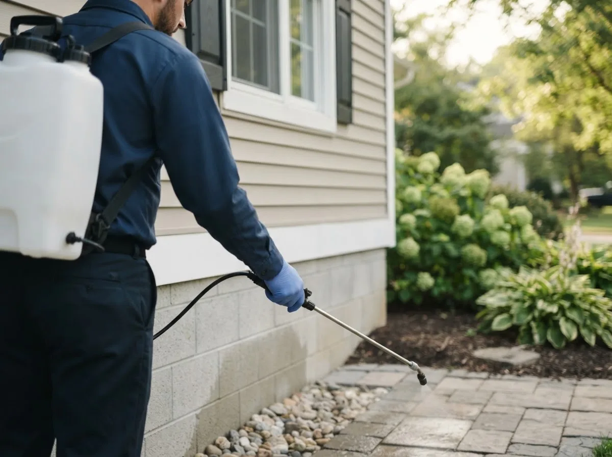 Pest control technician inspecting a home in Dudley, MO
